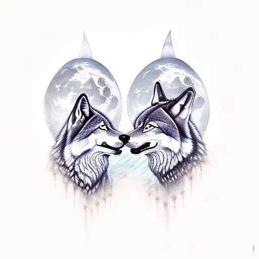 two wolves howling at the moon tattoo design idea