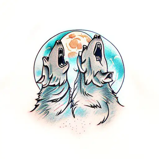 two wolves howling at the moon tattoo design idea