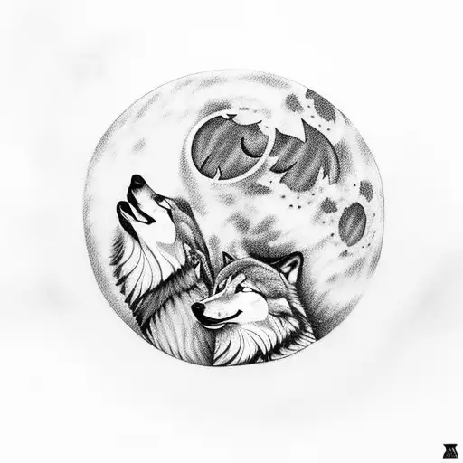 two wolves howling at the moon tattoo design idea