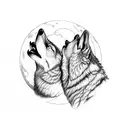 two wolves howling at the moon tattoo design idea