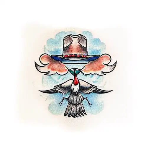 An American traditional style tattoo of a cowboy hat with a crane flying above it tattoo design idea