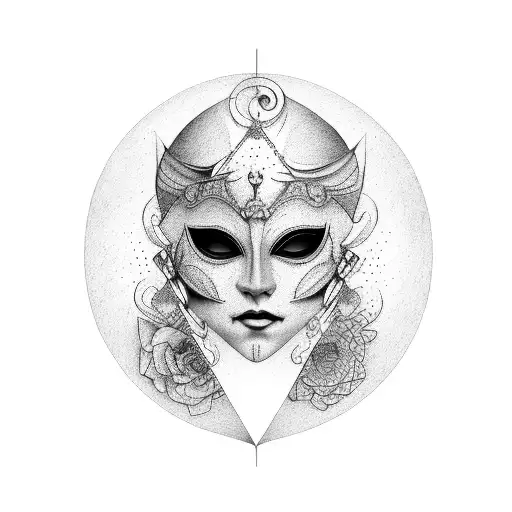 An actor's theater mask combined with a dress design tattoo design idea