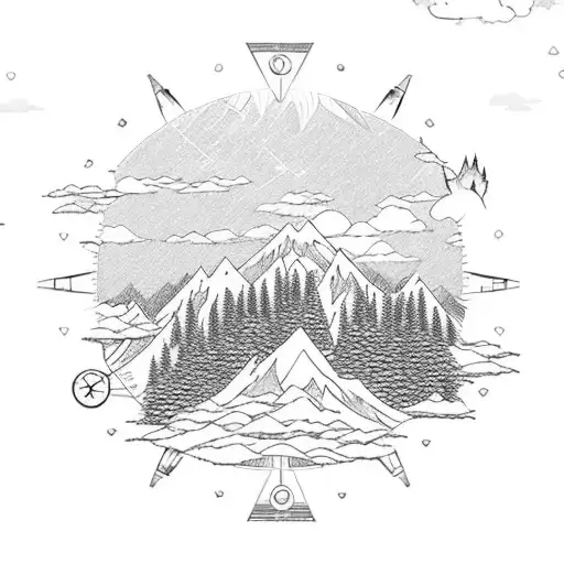 picturesque anime landscape with mountains, rivers, and trees. Incorporate travel-related elements like a compass, suitc tattoo design idea