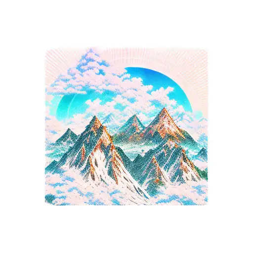 picturesque anime landscape with mountains, rivers, and trees. Incorporate travel-related elements like a compass, suitc tattoo design idea