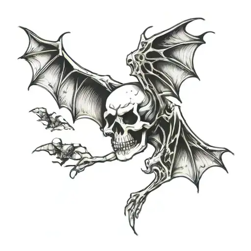 skull with bats escaping tattoo design idea