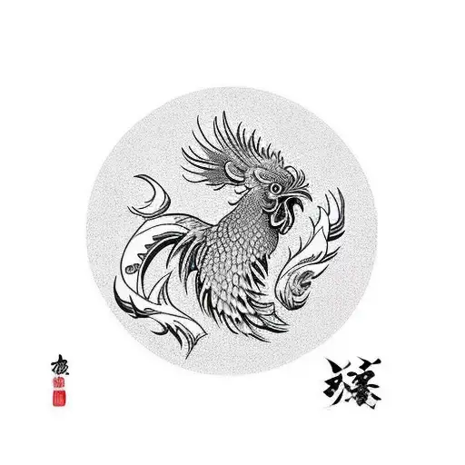 fire rooster wings extended large tail feathers tattoo design idea