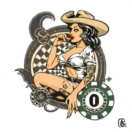 1950s pin up girl. A poker chip with an 8 on it. “Daddy’s girl” and a horse shoe. Nod to Amy wine house and some dill tattoo design idea