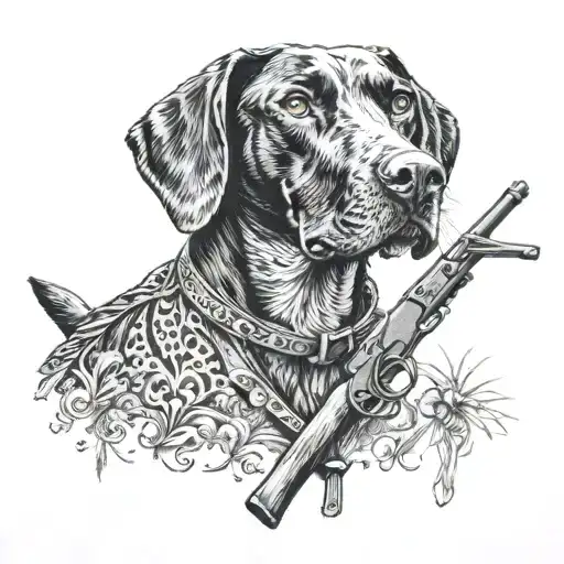 A blackwork tattoo of a German shorthair pointer with a hunting rifle in its mouth tattoo design idea