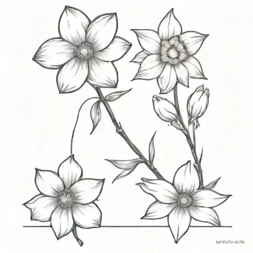 2 NARCISSUS FLOWERs AND 1 ASTER FLOWER TIED WITH A BOW. BLACK AND WHITE. tattoo design idea