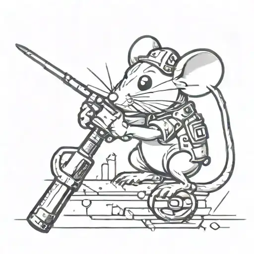 A minimalist tattoo of a mouse holding a tiny construction tool, symbolizing your passion for both gaming and construction work tattoo design idea