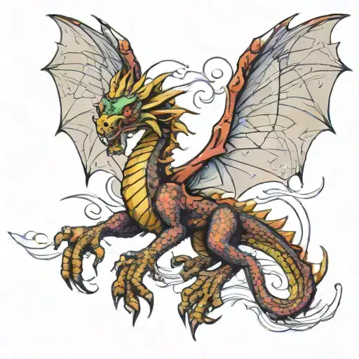 front veiw of a dragon with huge wings spread and long windy tale tattoo design idea