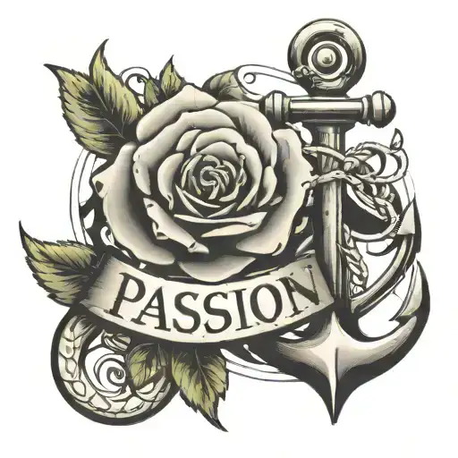 The word Passion in bold. An Anchor hooking off of the word. A rose  tattoo design idea