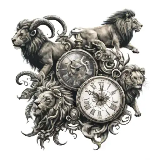 set with a scorpion, a lion and a ram connect with time elements tattoo design idea