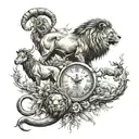 set with a scorpion, a lion and a ram connect with nature and time elements tattoo design idea