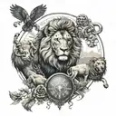set with a scorpion, a lion and a ram connect with nature and time elements tattoo design idea