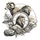 set with a scorpion, a lion and a ram connect with nature and time elements tattoo design idea