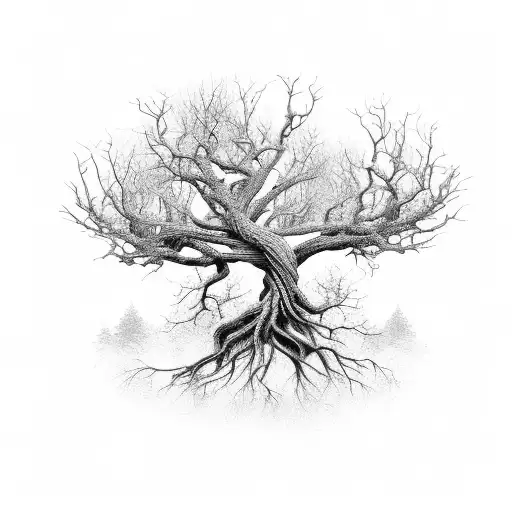 A majestic tree with intricate roots growing underwater tattoo design idea