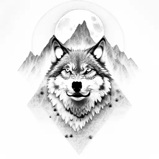 A lone wolf howling at a moonlit mountain peak tattoo design idea