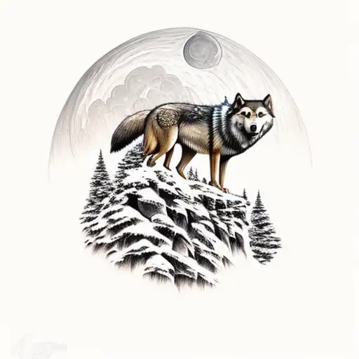 mountain scene with a wolf owling to the moon and a nearby owl on a oak tree brench tattoo design idea