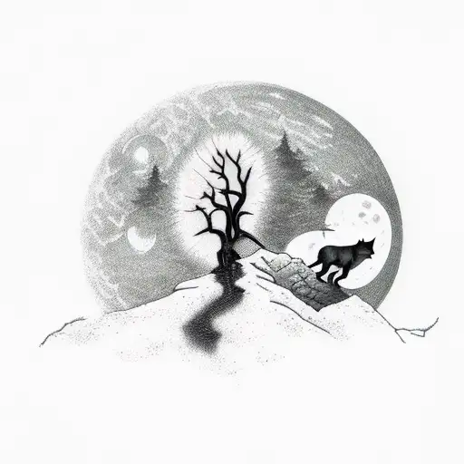 mountain scene with a wolf owling to the moon and a nearby owl on a oak tree brench tattoo design idea