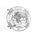 arm tattoo that includes a world map, a family tree with 3 names (Aoife, Phoebe and Riley) and lest we forget image tattoo design idea