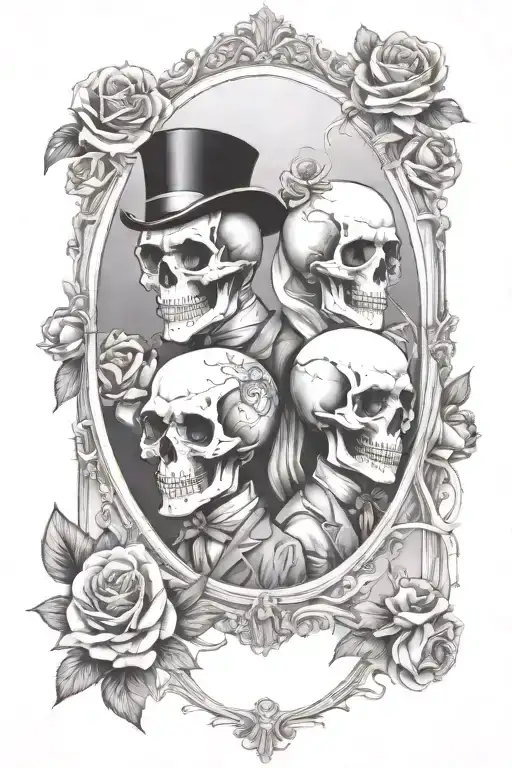 Inside an elegant mirror frame, a skull couple in wedding clothes is reflecting, surrounded by roses and calls Lilly flo tattoo design idea