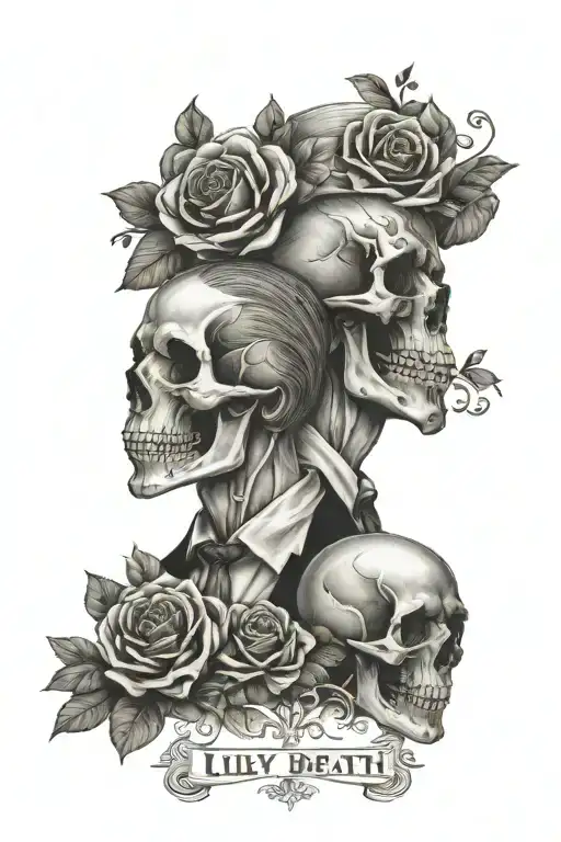 skull married couple in mirror surrounded by roses and calls Lilly flowers with the words till  death do us part  tattoo design idea