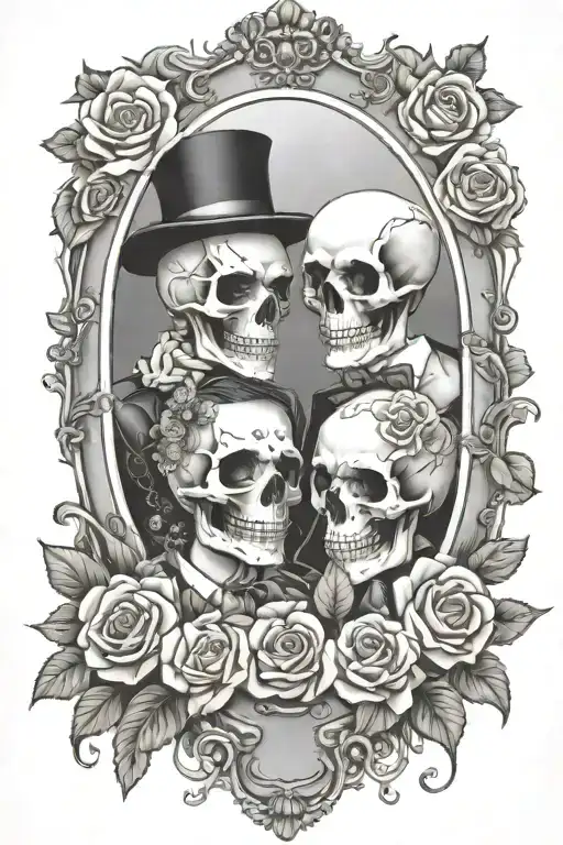 Inside an elegant mirror frame, a skull couple in wedding clothes is reflecting, surrounded by roses and calls Lilly flo tattoo design idea