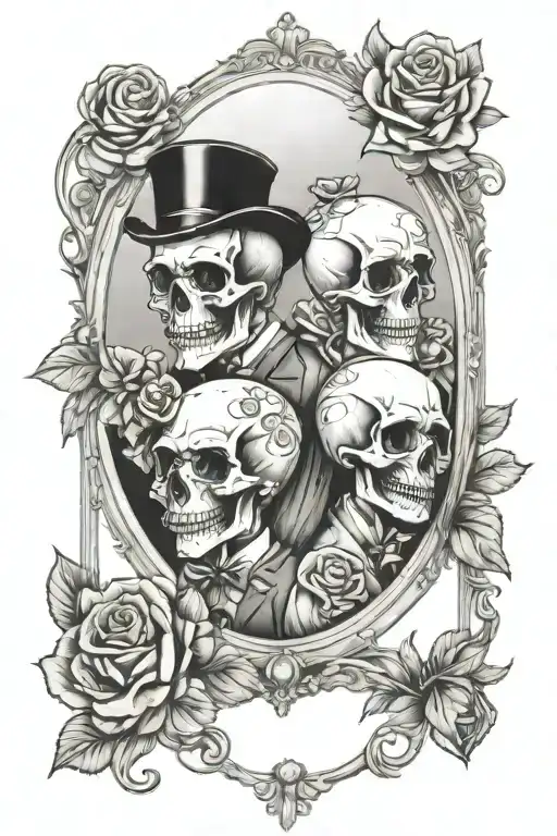 Inside an elegant mirror frame, a skull couple in wedding clothes is reflecting, surrounded by roses and calls Lilly flo tattoo design idea