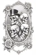 Inside an elegant mirror frame, a skull couple in wedding clothes is reflecting, surrounded by roses and calls Lilly flo tattoo design idea