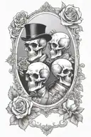 Inside an elegant mirror frame, a skull couple in wedding clothes is reflecting, surrounded by roses and calls Lilly flo tattoo design idea