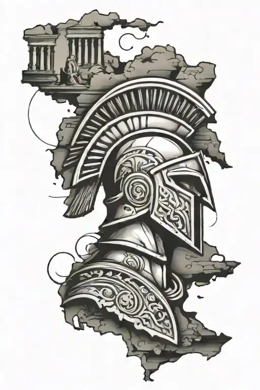 spartan next to the coliseum and greece map tattoo design idea