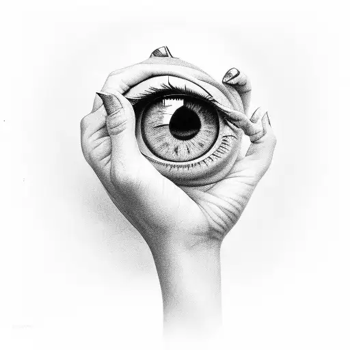 small hands holding eyelids to force an eye open while 1 hand is holding a pencil coloring the pupil tattoo design idea