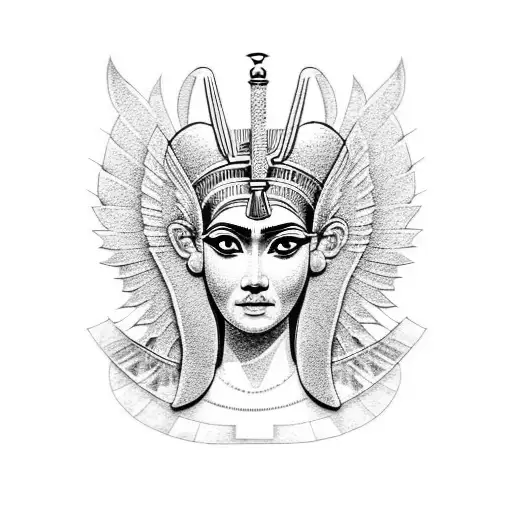 A dotwork tattoo of the Egyptian goddess Isis and the Greek goddess Athena symbolizing the fusion of Egyptian and Greek cultures tattoo design idea