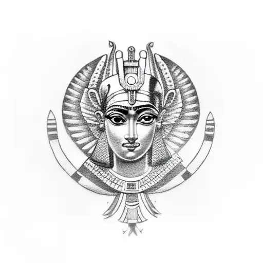 A dotwork tattoo of the Egyptian goddess Isis and the Greek goddess Athena symbolizing the fusion of Egyptian and Greek cultures tattoo design idea