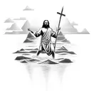 A black-grey tattoo depicting Jesus walking on water with hieroglyphics and Greek symbols surrounding him tattoo design idea