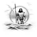 A black-grey tattoo depicting Jesus walking on water with hieroglyphics and Greek symbols surrounding him tattoo design idea