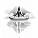 A black-grey tattoo depicting Jesus walking on water with hieroglyphics and Greek symbols surrounding him tattoo design idea