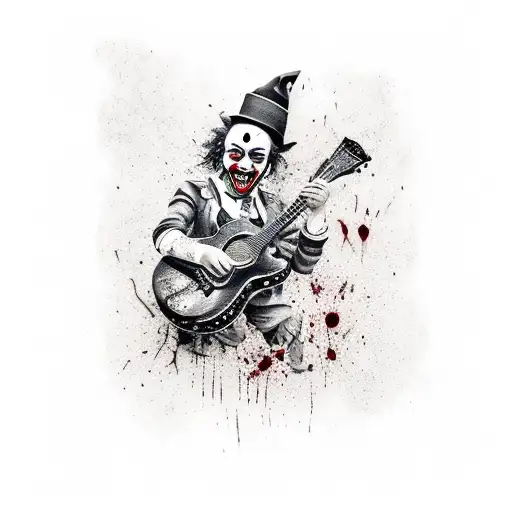 A trash polka-style tattoo of a horror clown playing a guitar, with blood splatters and a broken beer bottle. tattoo design idea