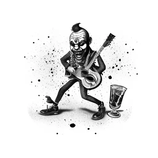 A trash polka-style tattoo of a horror clown playing a guitar, with blood splatters and a broken beer bottle. tattoo design idea