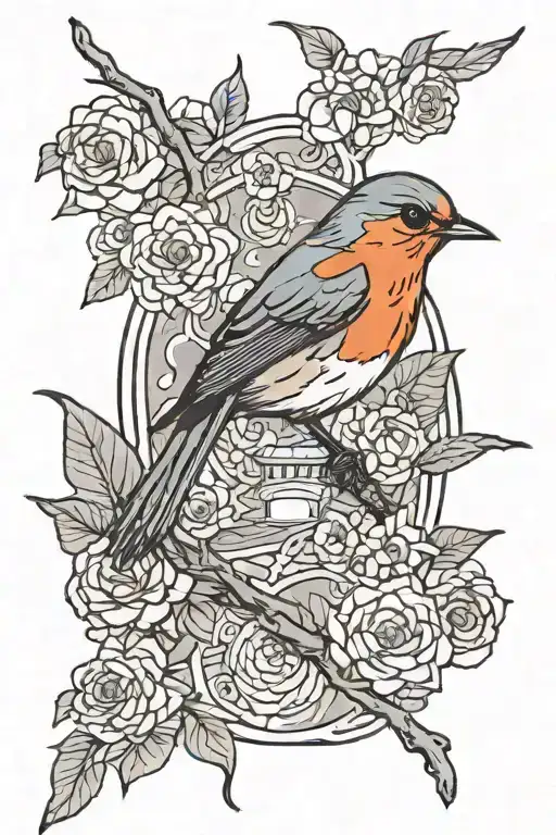 robin birds and Japanese culture tattoo design idea