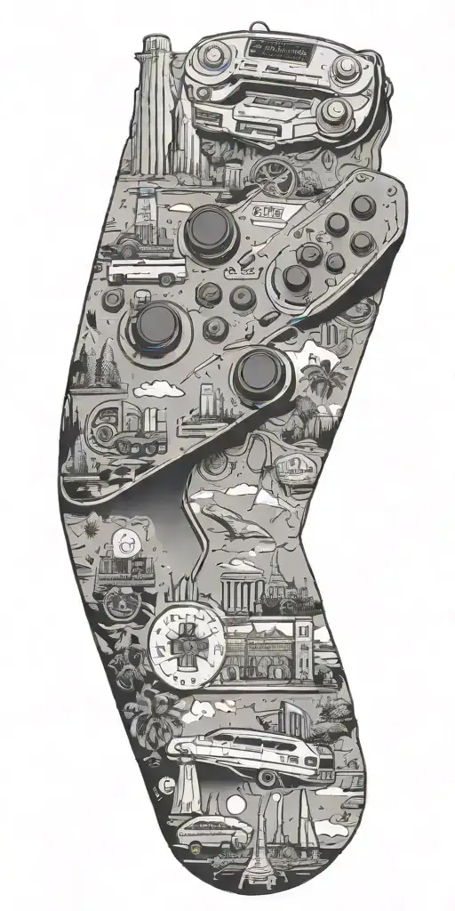 A detailed gaming controller surrounded by iconic California landmarks, all done in a black-grey style tattoo design idea