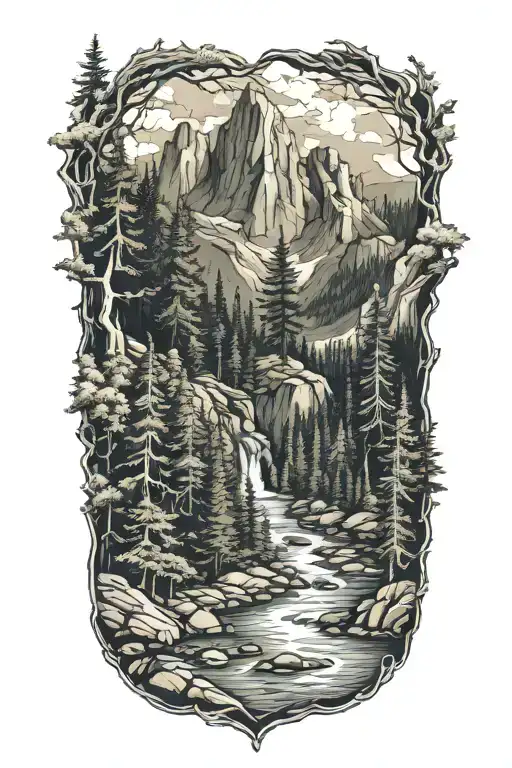 forrest mountain and river tattoo design idea
