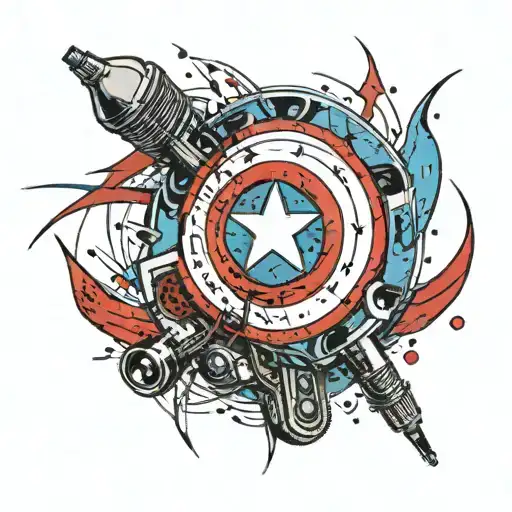 captain america shield microphone surrounded by musical tattoo design idea