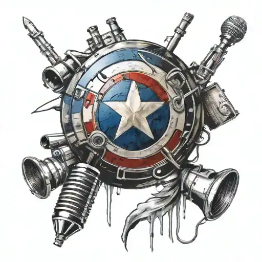 captain america shield microphone surrounded by musical tattoo design idea