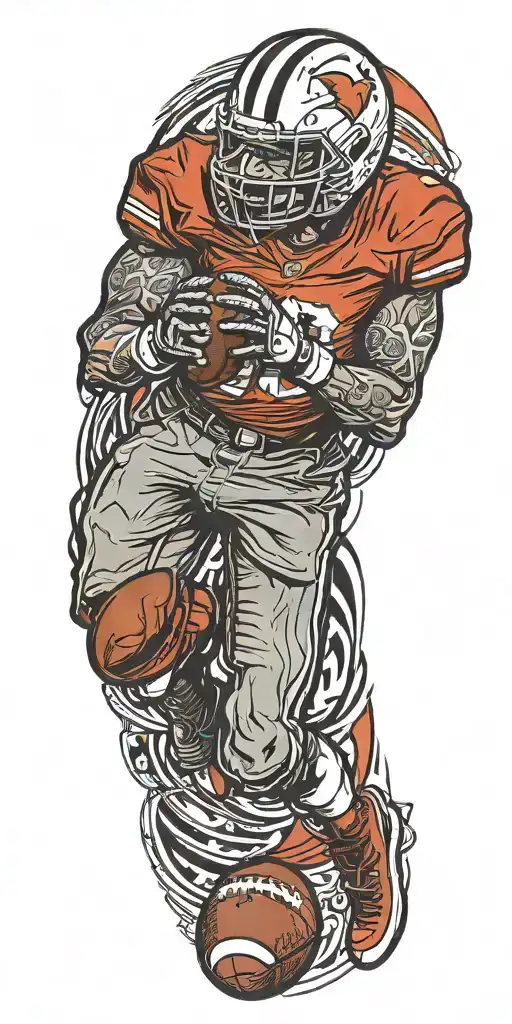 A tattoo design of a football player scoring a touchdown with a gaming controller in hand, symbolizing the client's love for sports and gaming tattoo design idea