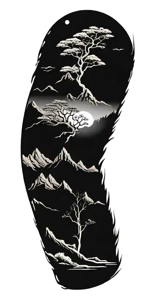 tree of life with a mountain landscape tattoo design idea