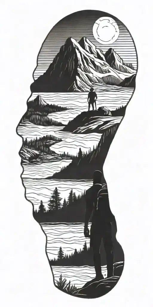 A silhouette of a hiker admiring a sunset over the California mountains tattoo design idea