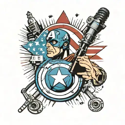 captain america shield microphone surrounded by musical tattoo design idea