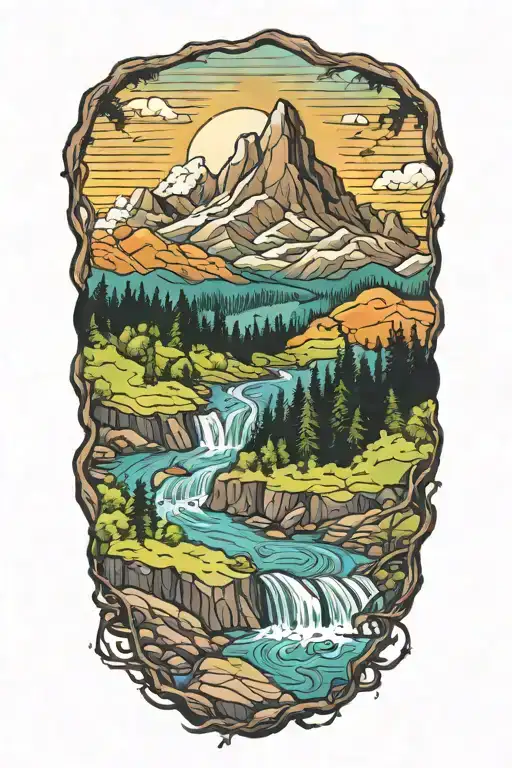 forrest mountain and river tattoo design idea